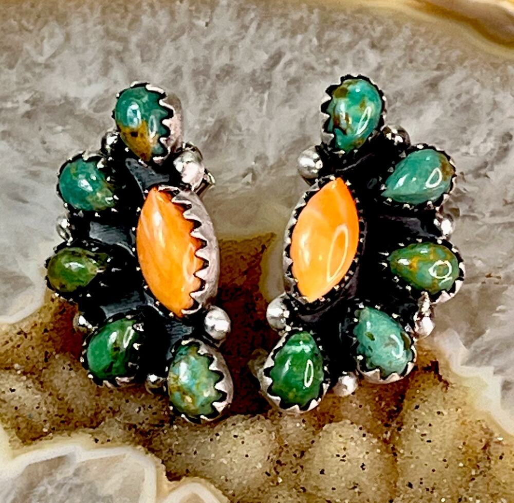 Sterling Silver Kingman Turquoise Spiny Oyster Half Cluster Statement Earrings